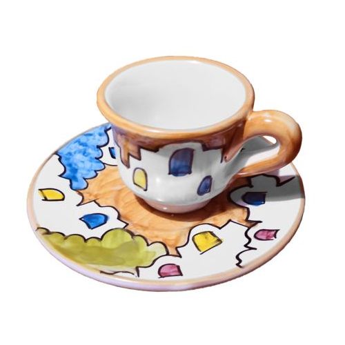 Kaffeetasse mit Untertasse. Häuser-Linie. Vietri-Keramik. Handbemalt.