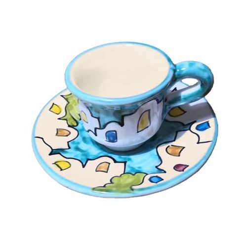 Kaffeetasse mit Untertasse. Häuser-Linie. Vietri-Keramik. Handbemalt.