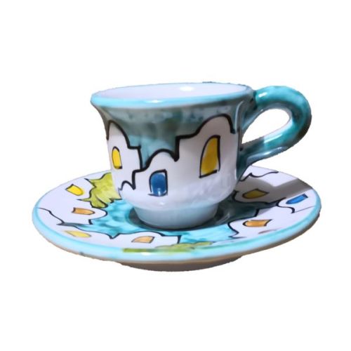 Kaffeetasse mit Untertasse. Häuser-Linie. Vietri-Keramik. Handbemalt.