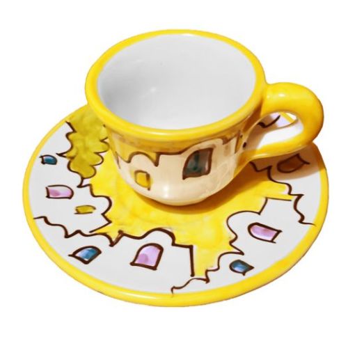 Kaffeetasse mit Untertasse. Häuser-Linie. Vietri-Keramik. Handbemalt.