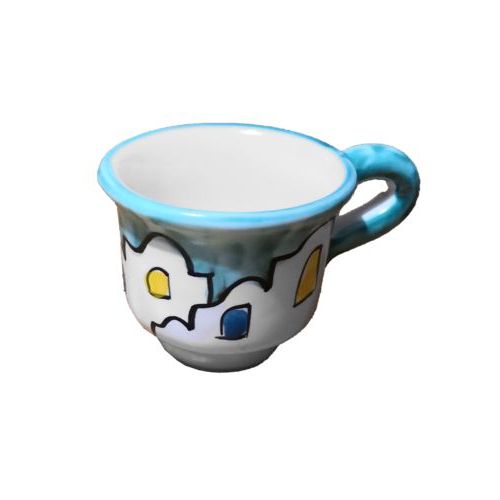 Kaffeetasse mit Untertasse. Häuser-Linie. Vietri-Keramik. Handbemalt.