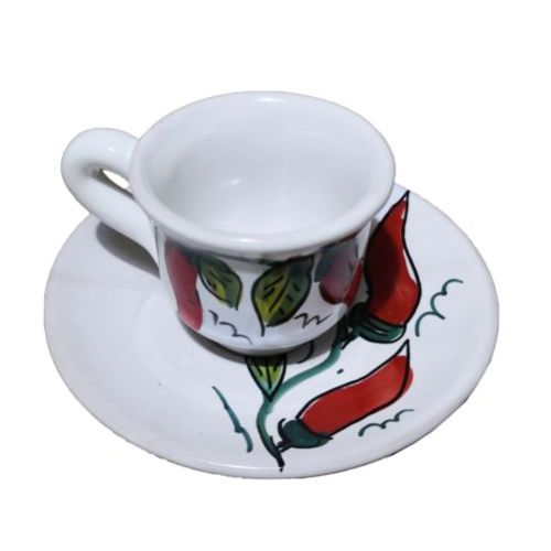 Tazzina da caffè con piattino, Linea Peperoncini. Ceramica di Vietri.