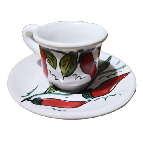 Coffee cup with saucer. Chili Peppers Line. Vietri ceramic. Hand-painted.