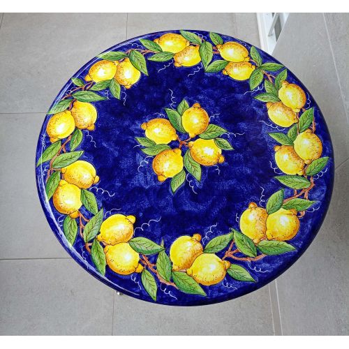Table. Ceramicized lava stone table. Lemons on Blue. Hand-painted. Vietri ceramic.