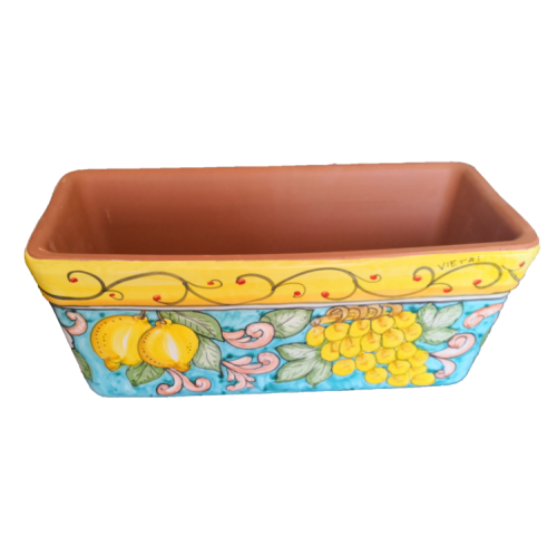 Jardinera rectangular. Fondo verde ramina con limones y uvas. Cerámica de Vietri. Pintada a mano.