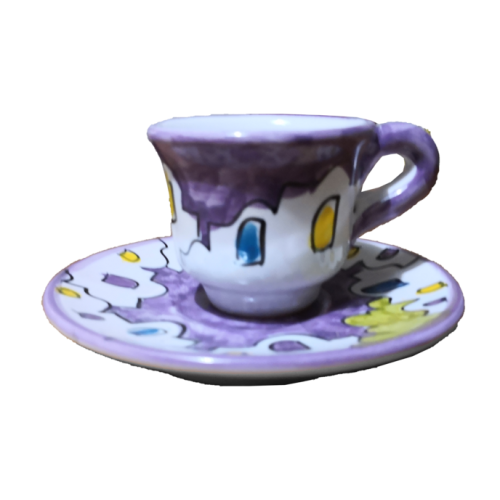 Kaffeetasse mit Untertasse. Häuser-Linie. Vietri-Keramik. Handbemalt.