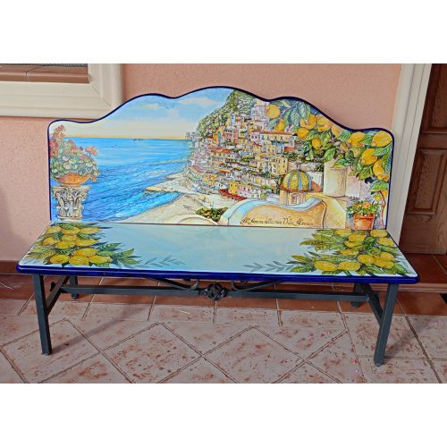 Bench in ceramicized lava stone. Hand-painted Vietri ceramic.