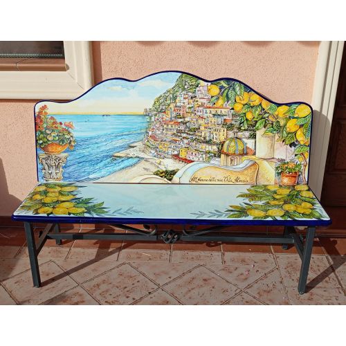 Bench in ceramicized lava stone. Hand-painted Vietri ceramic.