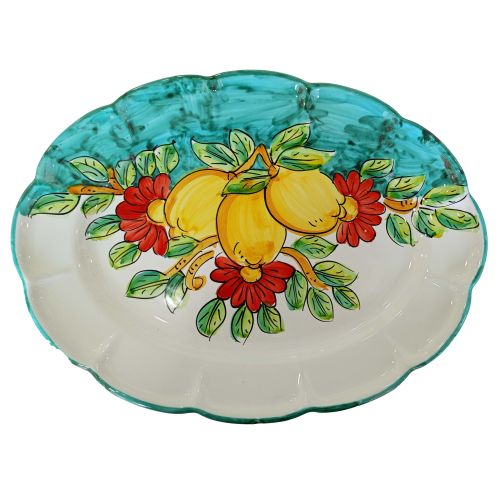 Oval scalloped serving plate. Lemons & Flowers line. Vietri ceramic. Hand-painted.