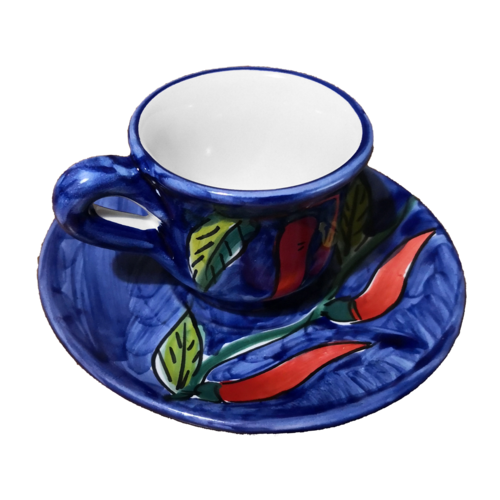 Coffee cup with saucer. Chili Peppers Line. Vietri ceramic. Hand-painted.