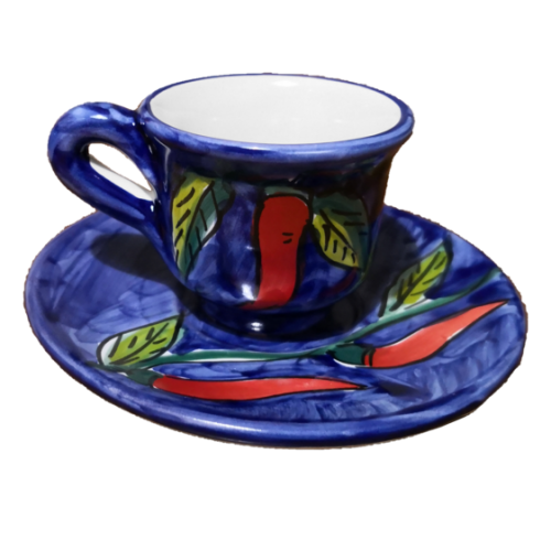Kaffeetasse mit Untertasse. Chili-Linie. Vietri-Keramik. Handbemalt.