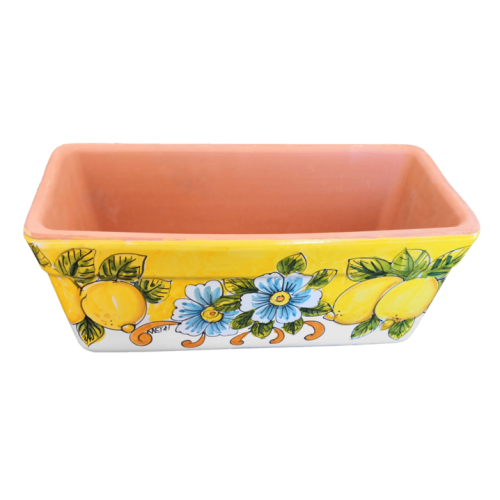 Jardinera rectangular. Fondo amarillo con flores y limones. Cerámica de Vietri. Pintada a mano.