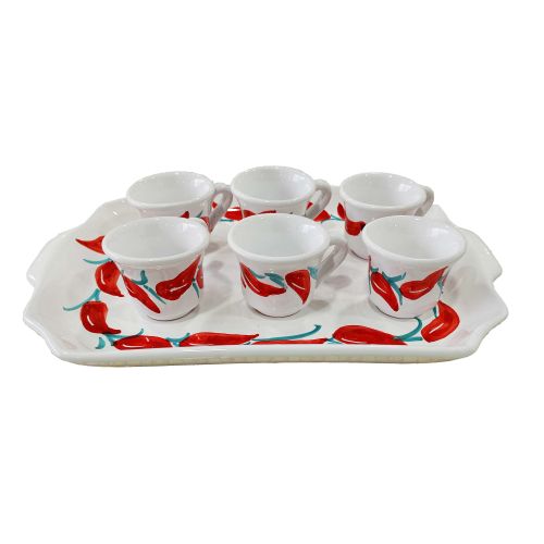 Tablett mit 6 Espressotassen. Chili-Linie....