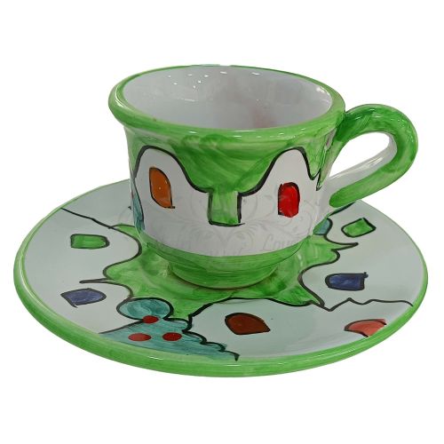 Kaffeetasse mit Untertasse. Häuser-Linie. Vietri-Keramik. Handbemalt.