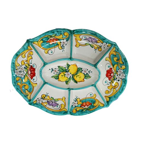 Appetizer dish. Cold dinner. 7 sections. Flowers & Lemons line. Vietri ceramic. Hand-painted.