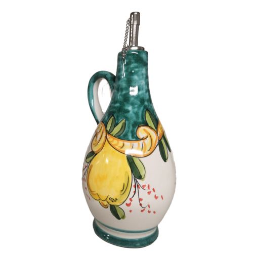 Oil & vinegar cruet bottle with handle. Lemon line. Vietri ceramic. Hand-painted.