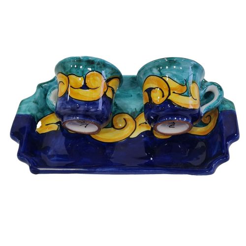 Kaffee-Tassen- und Tablett-Set „Tet-a-Tet“ Geschenk. Linie Barock. Vietri Keramik.