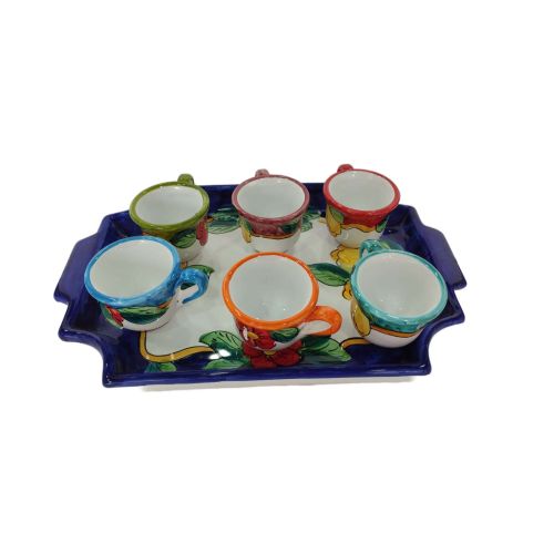 Tablett mit 6 Espressotassen. Blumen- und Zitronen-Linie. Vietri-Keramik. Handbemalt.