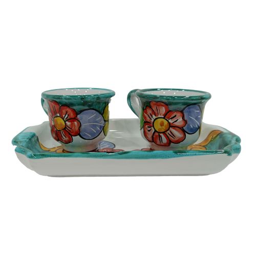 Kaffee-Tassen- und Tablett-Set „Tet-a-Tet“ Geschenk. Linie Blumen. Vietri Keramik.