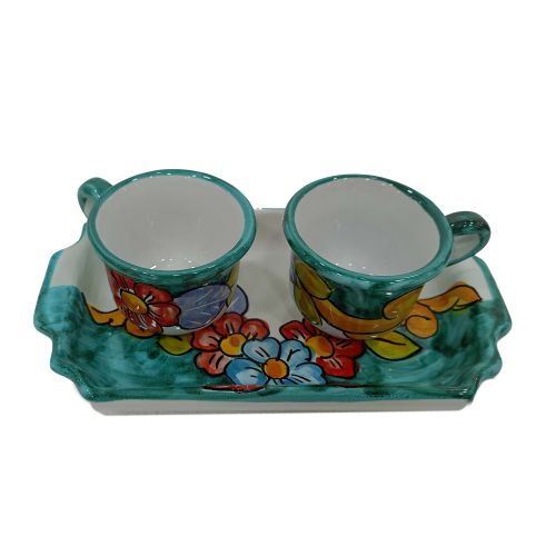 Kaffee-Tassen- und Tablett-Set „Tet-a-Tet“ Geschenk. Linie Blumen. Vietri Keramik.