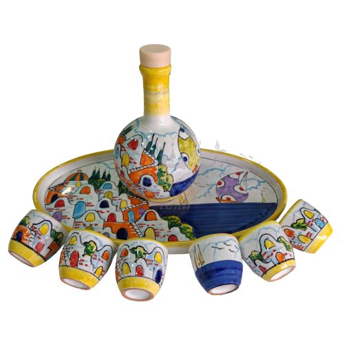 Limoncello-Set. Flasche, Tablett, 6 Gläser. Häuschen-Linie. Handbemalte Vietri-Keramik.