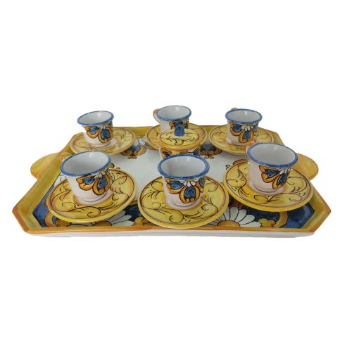 Tray with 6 cups, saucers, and sugar bowl. Baroque line. Vietri ceramic. Hand-painted.