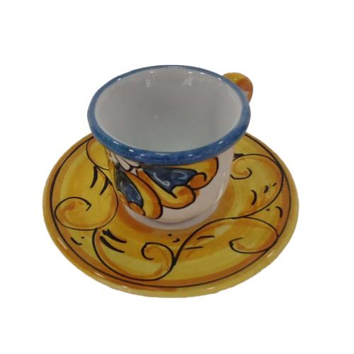 Tray with 6 cups, saucers, and sugar bowl. Baroque line. Vietri ceramic. Hand-painted.