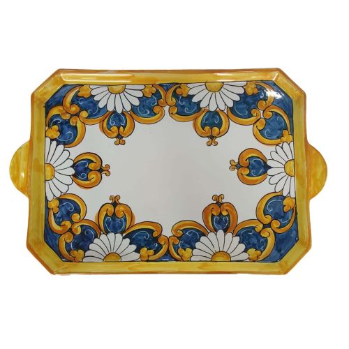 Tray with 6 cups, saucers, and sugar bowl. Baroque line. Vietri ceramic. Hand-painted.