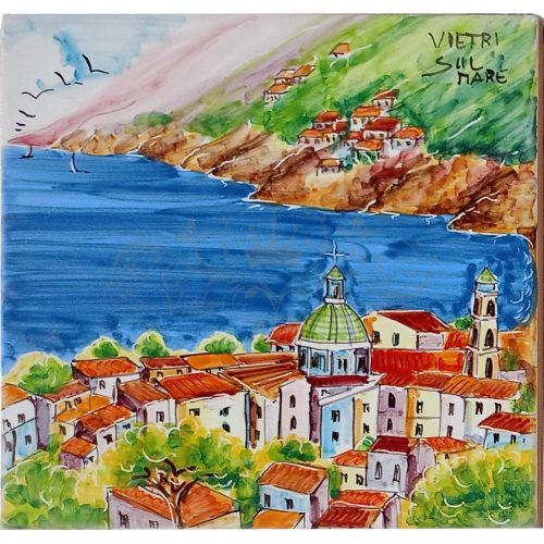 Mattonella con paesaggio in ceramica vietrese dipinta a...