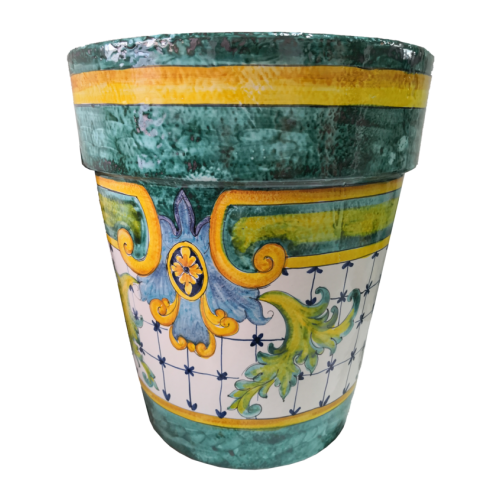 Conical pot for plants Copper green background. handpainted Vietri ceramic