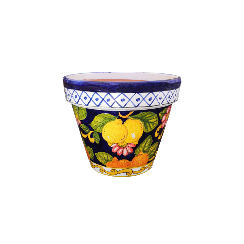 Vaso conico fondo limoni e frutta. Ceramica di...