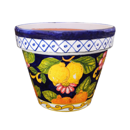 Jarrón cónico con fondo de limones y frutas. Cerámica Vietri pintada a mano.