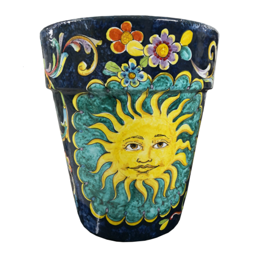 Conical pot for plants Blu scuro con fiori. handpainted...
