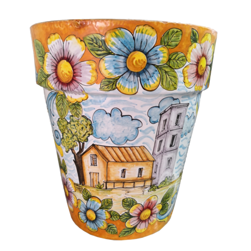 Conical pot for plants orange background, flower line....