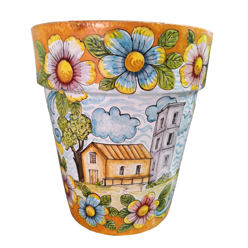 Vaso conico fondo arancio vecchio, decoro...
