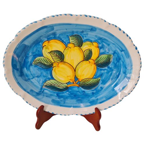 Plat ovale à bord ondulé. Collection Citrons. Céramique de Vietri peinte à la main.