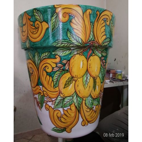Conical pot for plants Copper green background, limoni  handpainted Vietri ceramic