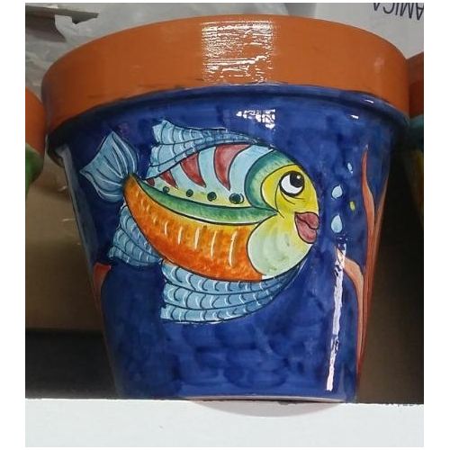 Conical pot for plants Blu, fish. handpainted Vietri ceramic