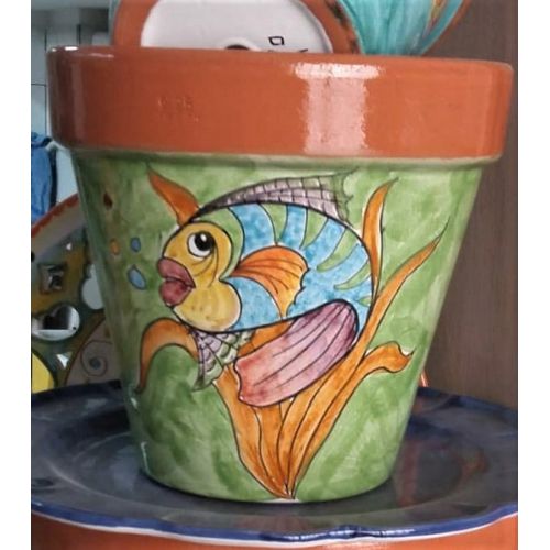 Conical pot for plants green, fish. handpainted Vietri...