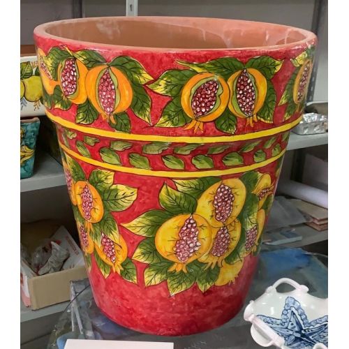 Conical pot for plants red, pomegranate. handpainted...