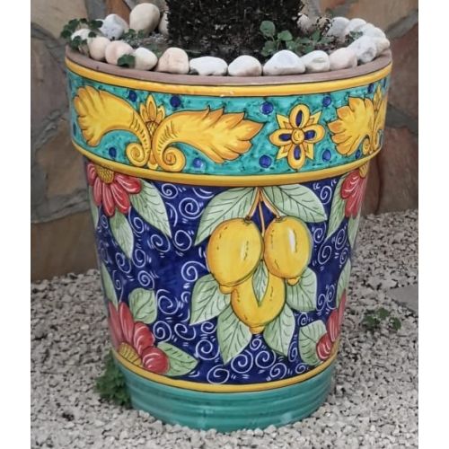 Conical pot for plants Blue background, lemons. handpainted Vietri ceramic