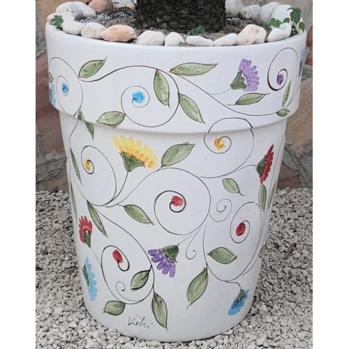 Vaso conico fondo bianco, soggetto fiori. Ceramica di...