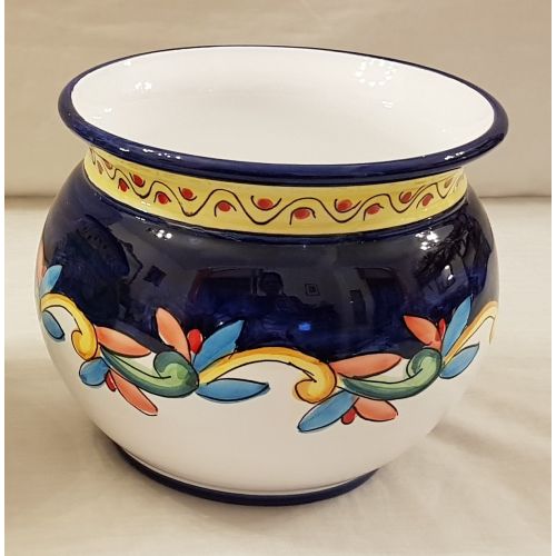 Cachepot Portapianta fondo Blu e bianco con decoro colorato. Ceramica di Vietri dipinta a mano.