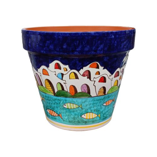 Conical pot for plants Houses Line. handpainted Vietri...