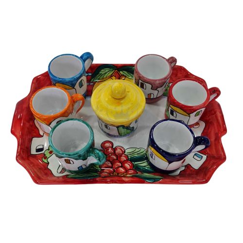 Tray with 6 cups and sugar bowl. Little Houses line. Vietri ceramic. Hand-painted.