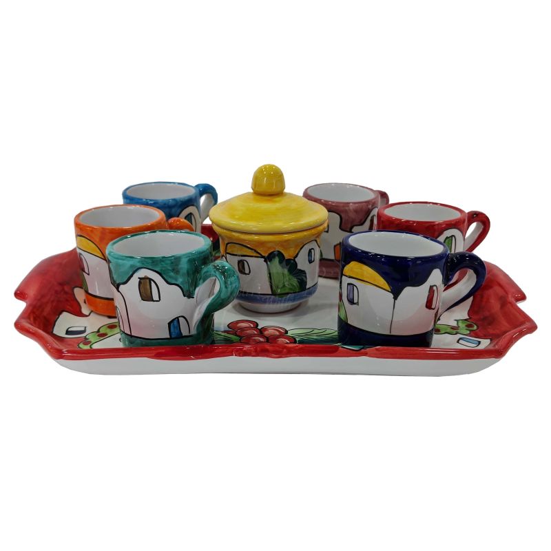 Tray with 6 cups and sugar bowl. Little Houses...