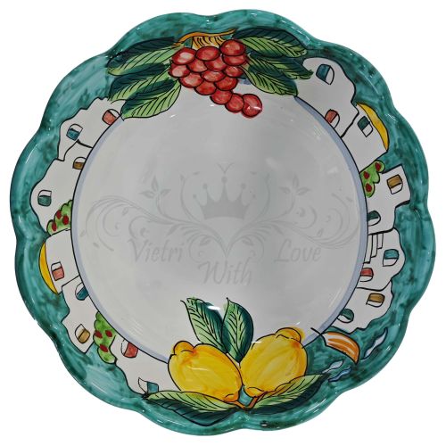 Salatschüssel mit Wellenschliff. Handbemalte Vietri-Keramik Häuser und Zitronen linie