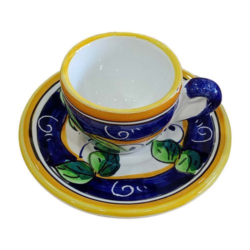 Kaffeetasse mit Untertasse. Zitronen-Linie. Vietri-Keramik. Handbemalt.