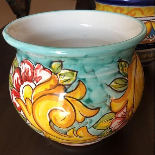Plant holder Copper green background. handpainted Vietri...