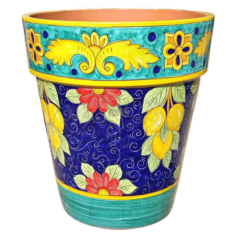 Conical pot for plants Blue background, lemons....